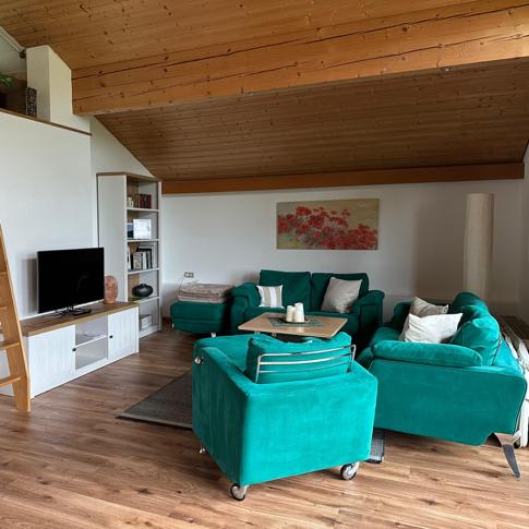 Wohnraum mit grüner Sofaecke, Fernseher und Holzdecke